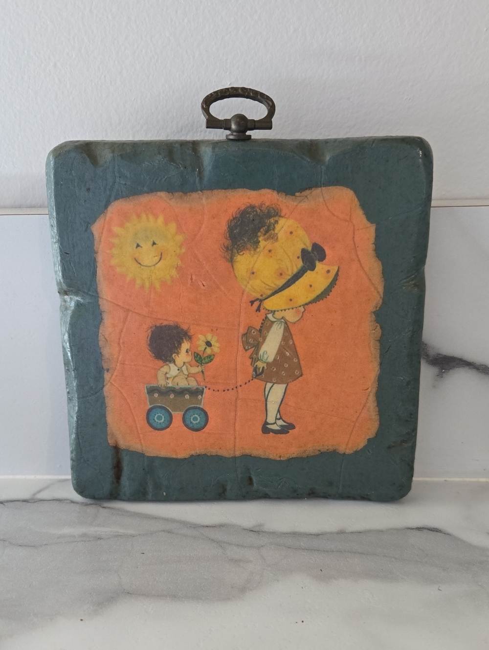 Vintage Cute Kids Wall Plaque — Teal & Orange Kitchy Twee
